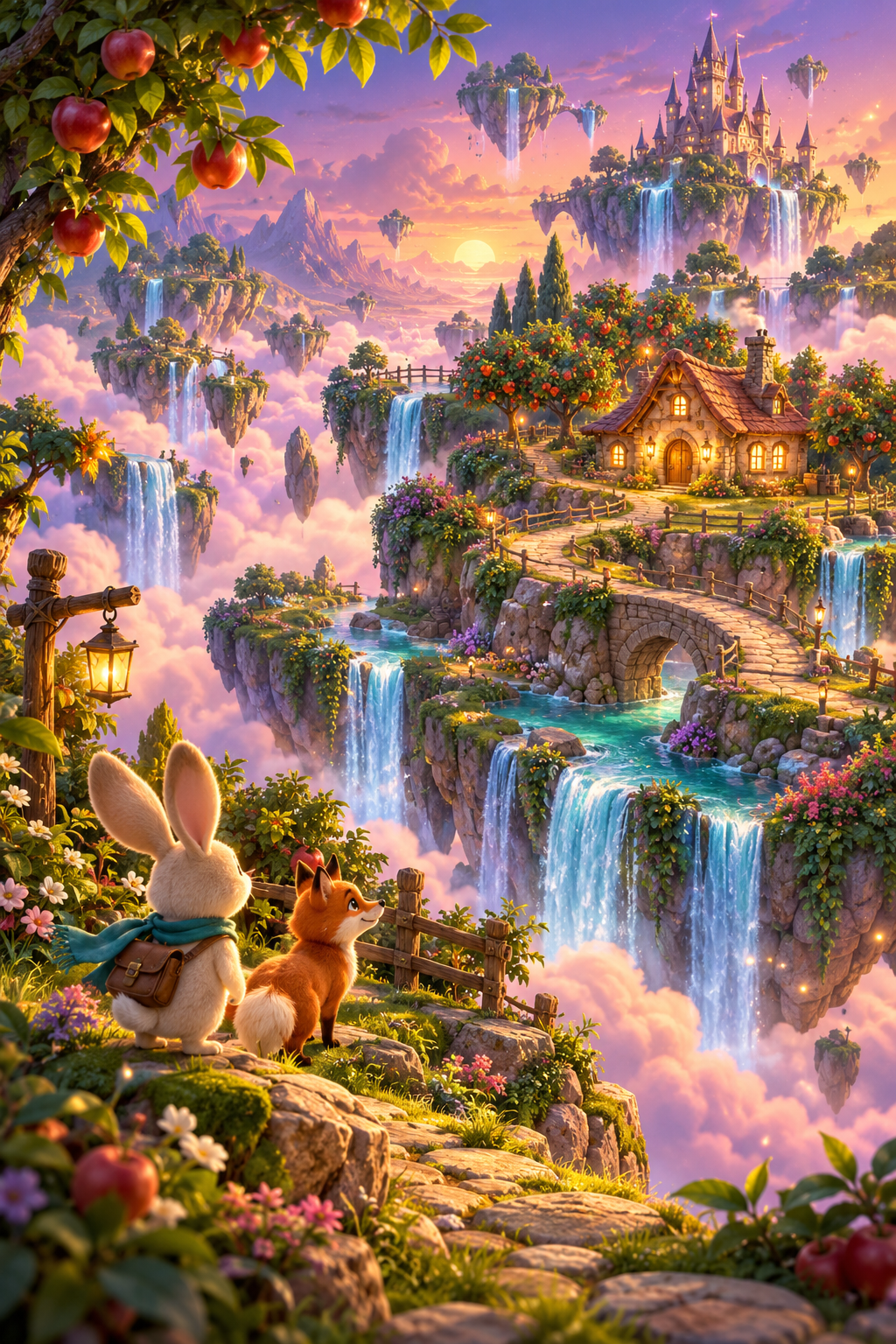 A glowing floating orchard with waterfalls, a cosy cottage and a little bunny explorer